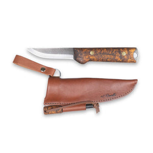 Handmade Finnish bushcraft knife from Roselli in model "Heimo 4" with a full tang blade and a handle made out of heat treated curly birch comes with a dark vegetable leather sheath with fire steel attached 