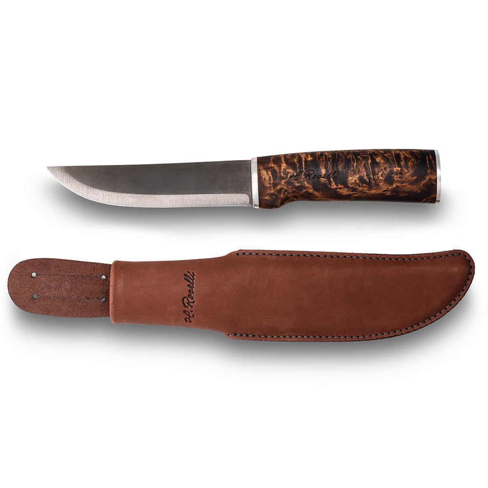 Handmade Finnish hunting knife with a long knife blade with silver ferrule details comes with a dark  leather sheath 