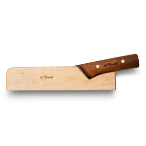Handmade Finnish kitchen knife from Roselli with a handle made out of heat treated curly birch and comes with a knife rack made out of curly birch  