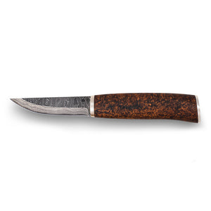 Handmade Finnish knife from Roselli in model "carpenter knife" comes with Damascus steel and silver ferrule details
