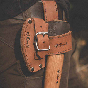 Roselli's Finnish handmade axe holster made out of our dark vegetable leather.